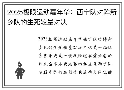 2025极限运动嘉年华：西宁队对阵新乡队的生死较量对决