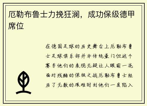厄勒布鲁士力挽狂澜，成功保级德甲席位