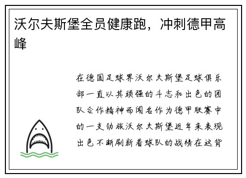 沃尔夫斯堡全员健康跑，冲刺德甲高峰
